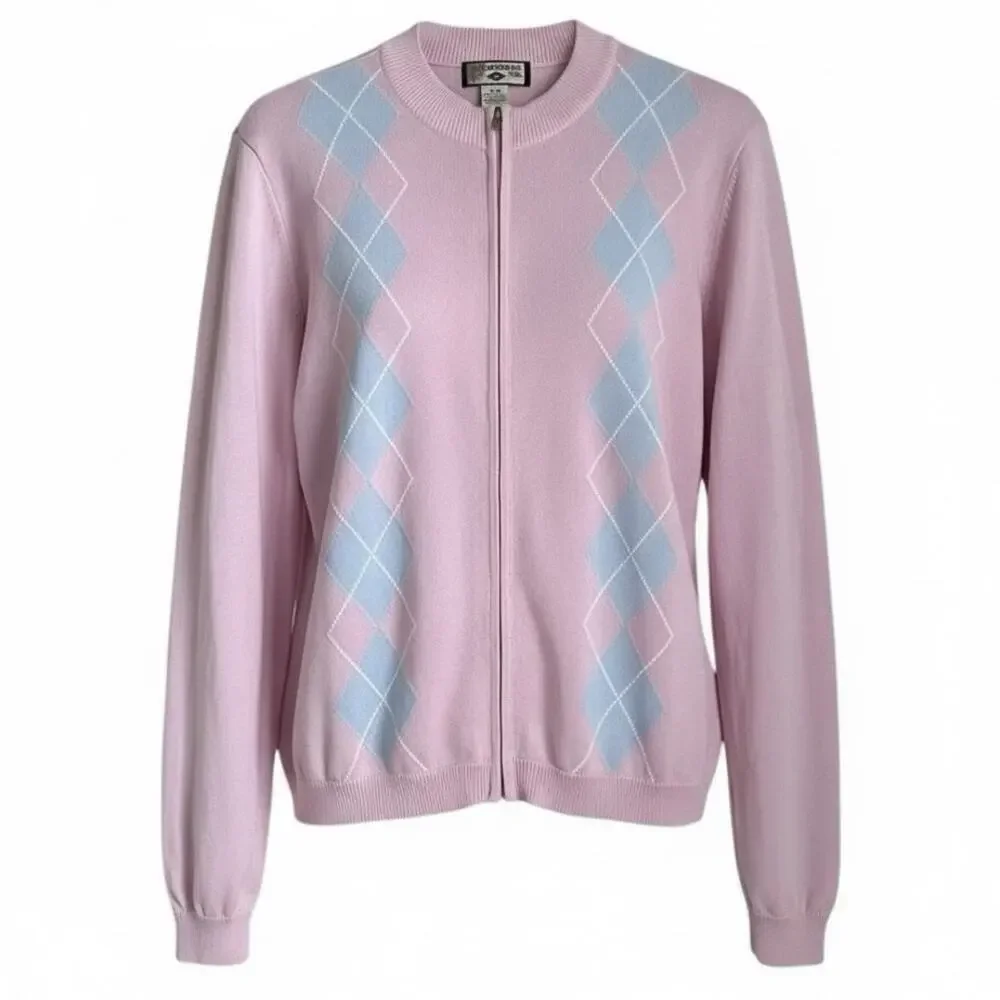 Caribbean Joe Argyle Zip Up Sweater Pink Blue Preppy Size M Grandpacore Cardigan
